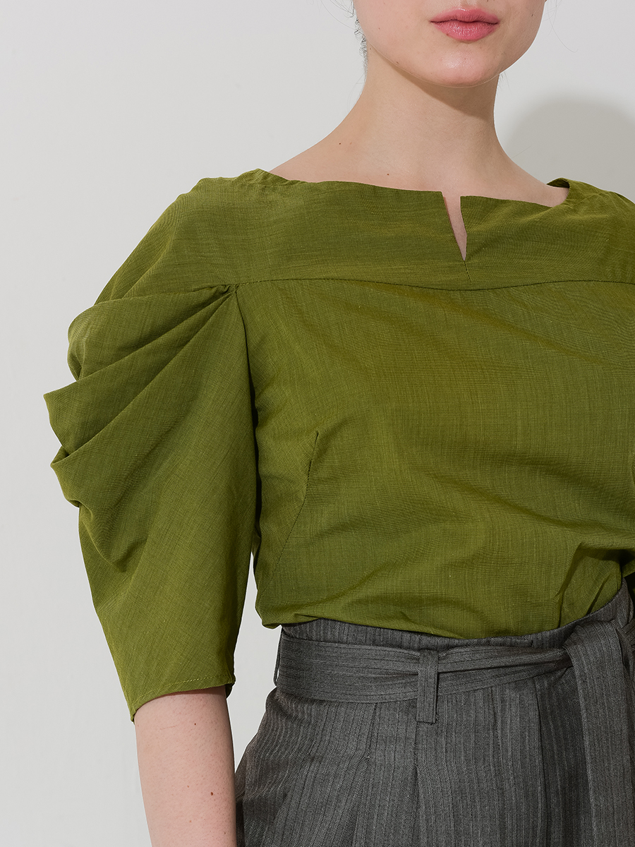 Блуза с рукавами из складок, зеленая